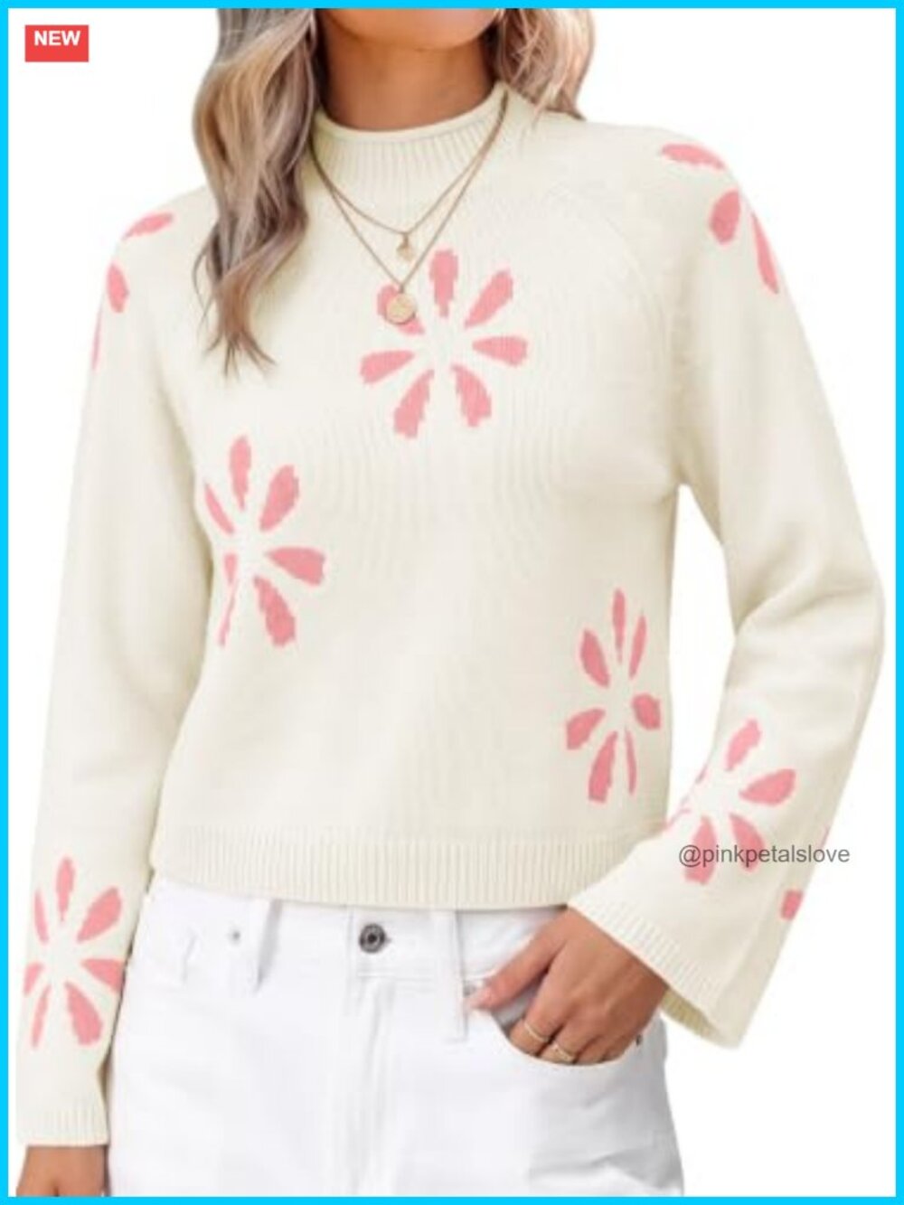 Womens Cropped Turtleneck Sweater Floral Print Long Sleeve Pullover